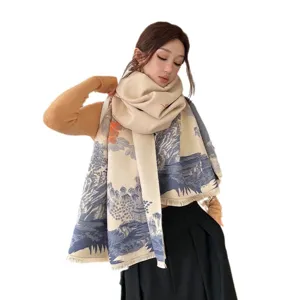 Chinese style imitation cashmere oversized winter scarf for women warm landscape shawl wrap