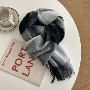 Cozy black grey plaid wool winter scarf with soft tassels unisex warm fashion accessory