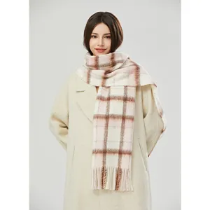 Cozy mohair plaid scarf for women, thick warm winter shawl with fringes in elegant design.