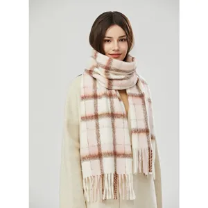 Cozy women mohair plaid scarf thick warm winter fashion fringe shawl elegant casual design