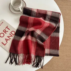 Classic British plaid wool winter scarf with fringe, warm unisex cozy neckerchief detail.