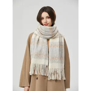 Thickened mohair plaid scarf for women, warm winter fringe shawl and cozy neck wrap.