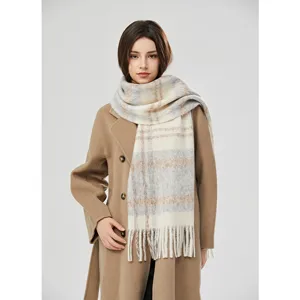 Women winter warm plaid mohair scarf with tassels, thick cozy wool blend winter fashion shawl.