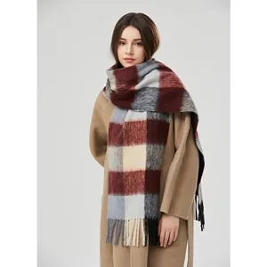 Cozy mohair wool plaid scarf for women winter thick warm soft vintage check blanket shawl