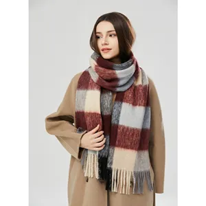 Thickened plaid mohair scarf for women, classic winter warm tassel shawl with cozy soft fabric.