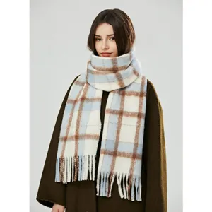 Thickened mohair plaid scarf for women, warm winter fringe shawl with blue and brown design.