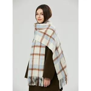 Cozy mohair plaid scarf for women, thick warm winter shawl with stylish fringe design.