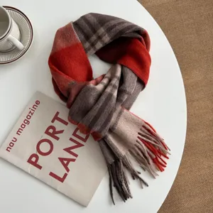 Classic British plaid scarf detail shot, warm wool fringe winter neckerchief, stylish cozy wrap.