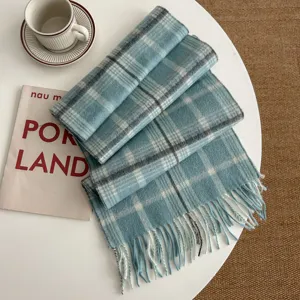Blue and grey plaid winter scarf with cozy tassels, perfect cold weather fashion accessory.