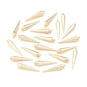 Gold cone spike pendants detail, DIY jewelry making charms, small hanging items for crafts necklaces.