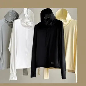 Detailed view of ice silk sun protection hoodies with large hoods and thumbholes in four colors.