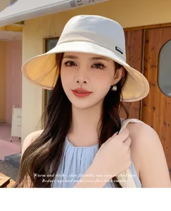 Korean style wide brim bucket hat for women, summer UV protection sun hat making face look smaller.