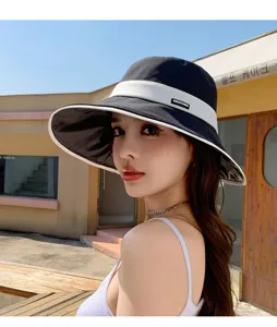 Women wide brim sun hat summer black white bucket hat UV protection outdoor beach hat stylish