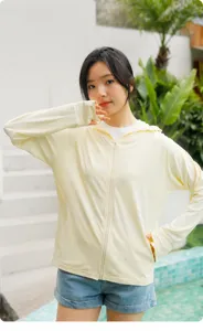 Detail view of ice silk sun protection hoodie featuring moisture-wicking tech and UPF 50+ rating.