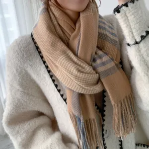 Classic camel plaid winter long scarf with tassels, cozy and warm fashion accessory.