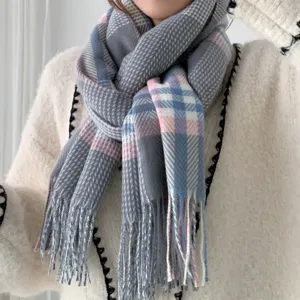 Women autumn winter long plaid scarf cozy tassel shawl soft imitation cashmere wrap style