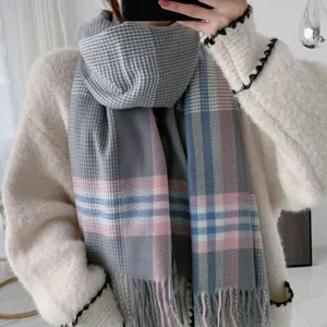 Cozy winter long plaid scarf for women, soft cashmere-feel shawl with stylish tassel edges.