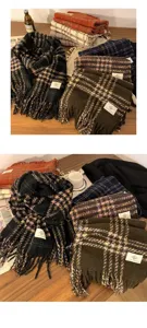 Korean vintage plaid scarf detail showing cozy tassel, thick warm winter accessory for women.