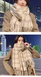 Cozy winter plaid tassel scarf for women, soft imitation cashmere warm shawl and winter neck wrap.