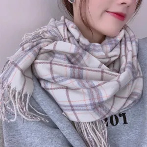 Cozy winter plaid scarf for women, soft imitation cashmere tassel shawl for cold weather.