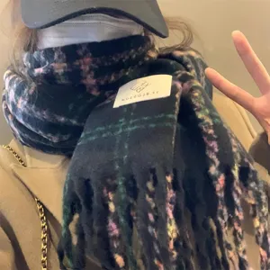 Korean vintage plaid tassel scarf for women, thick warm winter shawl and stylish neck warmer
