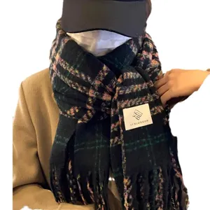 Korean style vintage plaid tassel scarf women winter thick warm cozy casual neck wrap shawl