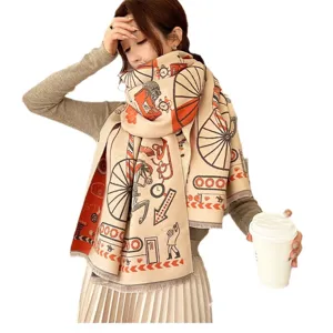 Vrouwen winter warme imitatie kasjmier sjaal vintage koets print omslagdoek dikke sjaal.