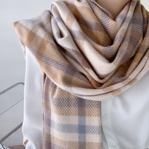 Cozy plaid winter scarf for women, soft imitation cashmere shawl in classic tartan pattern.