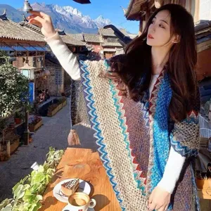 Ethnic style knitted geometric poncho shawl, warm winter cape for women outdoor travel.