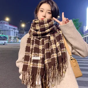 Women Autumn Winter Imitation Cashmere Plaid Tassel Scarf Korean College Style Warm Soft Neck Scarf Shawl