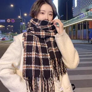 Autumn winter plaid fringed scarf for women, warm cashmere feel fashion neck wrap outdoor.