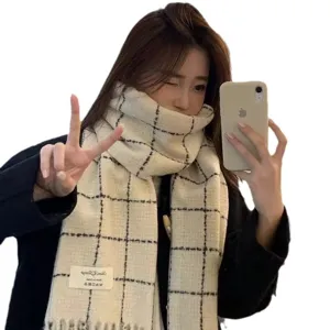 Korean ins grid tassel imitation cashmere scarf women autumn winter warm soft casual shawl