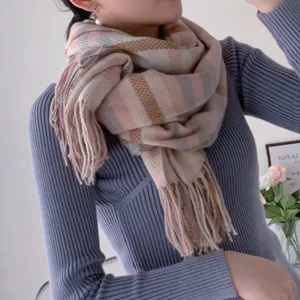 Autumn winter cashmere feel plaid scarf women Korean style fringe long shawl accessory