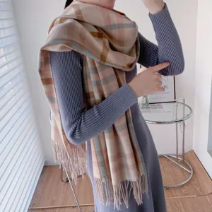 Cozy winter plaid scarf for women, classic checkered cashmere-feel shawl with fringe.