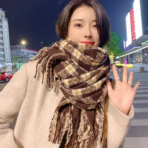 Women winter warm plaid tassel scarf classic brown imitation cashmere fashion long neck wrap