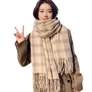 Classic plaid fringe winter scarf for women, soft warm imitation cashmere cozy daily wear.