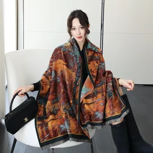 Ölgemälde Stil Damen Winter dicker warmer Schal Detailansicht, elegantes doppelseitiges Design.
