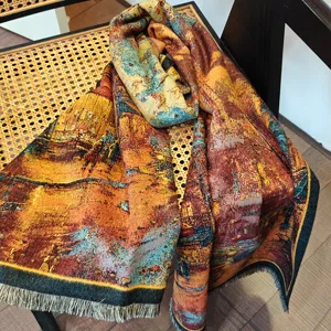 Dicker warmer Winter Kunstgemälde bedruckter Schal mit Fransen, eleganter Retro Stil Schal.