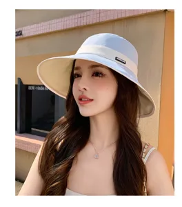 Summer wide brim bucket hat for women sun protection cute anti UV fisherman beach hat blue