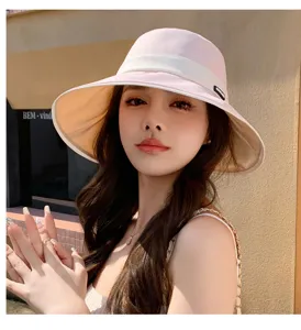 Pink wide brim bucket hat for women, Korean style summer outdoor sun protection sun hat.