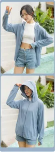 Ice silk sun protection hoodie for women, lightweight breathable UV block jacket with thumb holes.