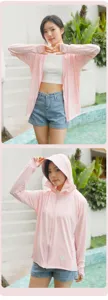 Pink sun protection clothing for women, lightweight ice silk fabric with hoodie and thumb holes.