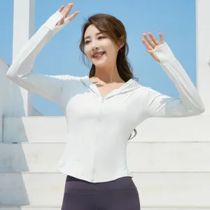 Women's slim-fit sun protection clothing with hood and thumb holes for summer outdoor wear.
