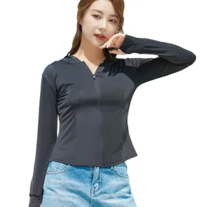 Women slim sun protection hoodie summer breathable black zip up jacket outdoor UV protection