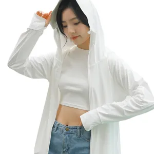 White sun protection hoodie for women men lightweight breathable outdoor UV jacket
