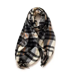 Classic plaid imitation cashmere scarf women winter warm tassel neck warmer grey black variant