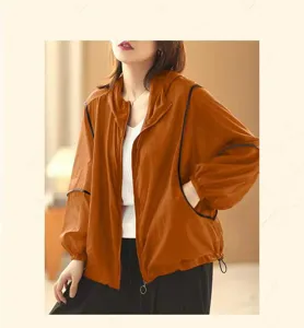 Sommer Damen Sonnenschutzkleidung leichte kapuze lose kurze Jacke orange Freizeitmantel