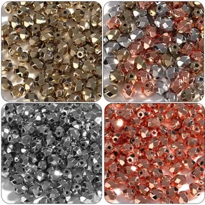 Detailed view of 100pcs metallic faceted barrel beads, DIY spacer charms in gold, silver, rose gold.