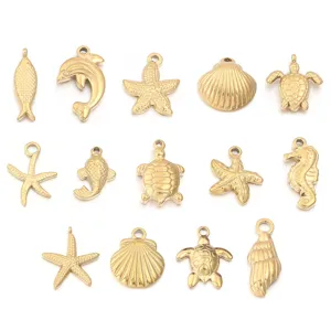 Gold stainless steel marine life charms detail showing various sea animal jewelry pendants for DIY.