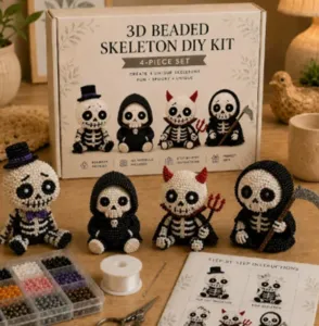 3D beaded skeleton DIY kit 4-piece set handmade craft hobby gift Halloween spooky decoration